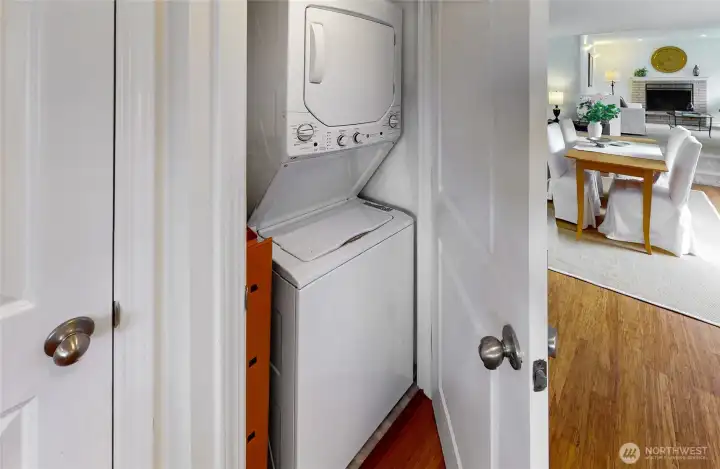 Stacked washer and dryer duo in pantry area