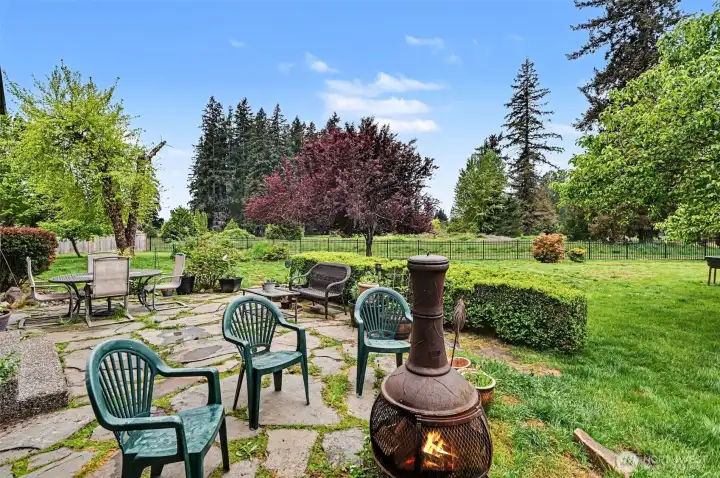 Beautiful backyard with paved gathering area.