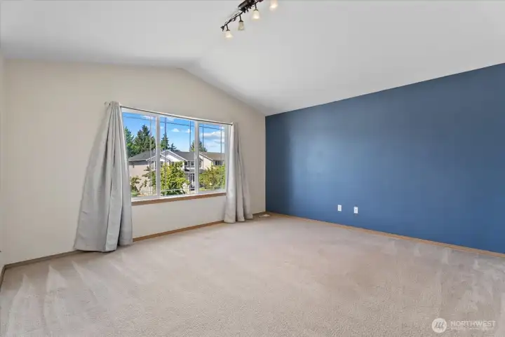 Primary bedroom with vaulted ceilings