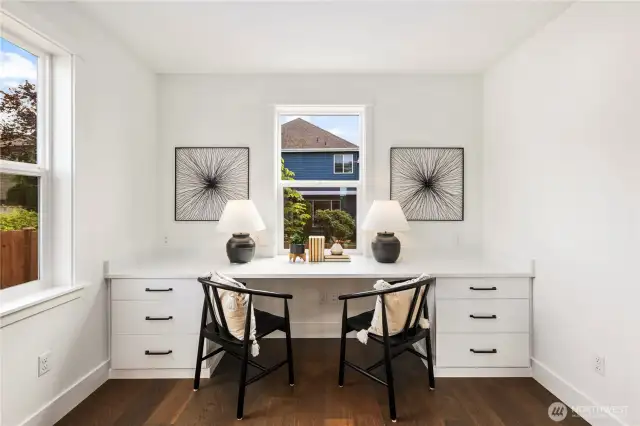On the main level, there is a very large and open built-in desk/drop area when you come up the stairs.