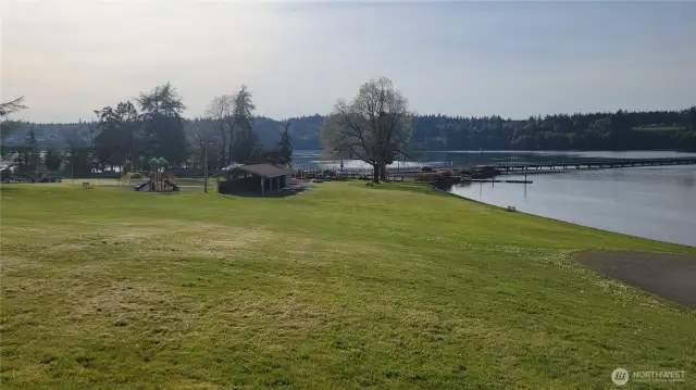 Carlyon Beach community park and beach with the bridge to Steamboat Island