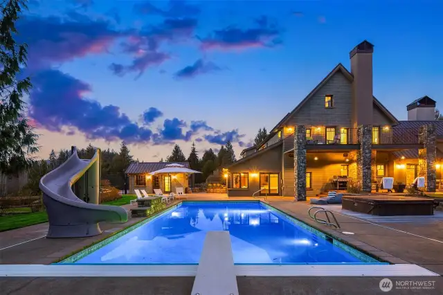 20x35 inground heated pool, heated pool house with 1/2 bath, hot tub, and tennis court