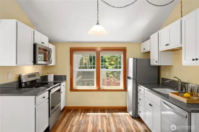 This view shows the kitchen looking out to the main house.