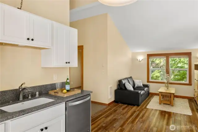 The vaulted ceilings add to the bright and airy feel of this space.