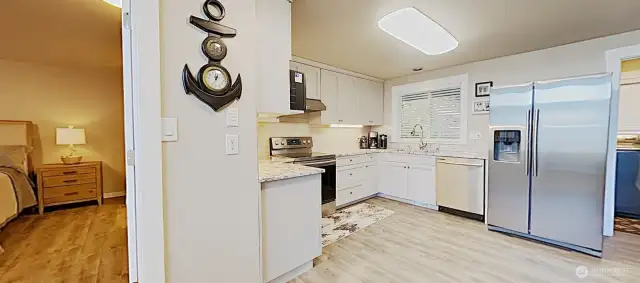 View of kitchen from dining area