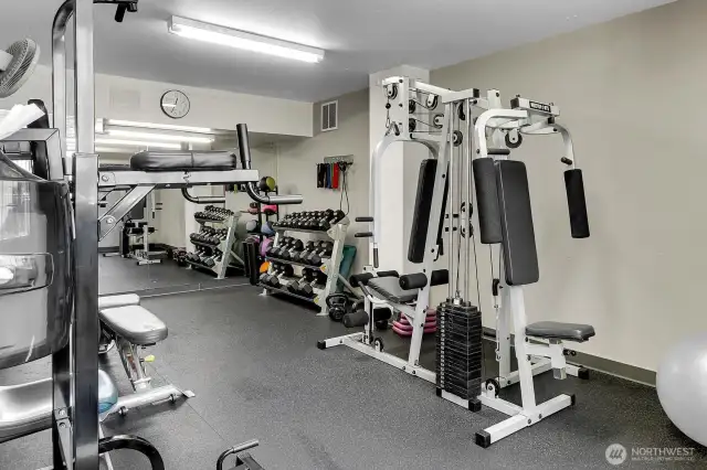 Large fitness center with free weights, machines, cardio equipment, and sauna