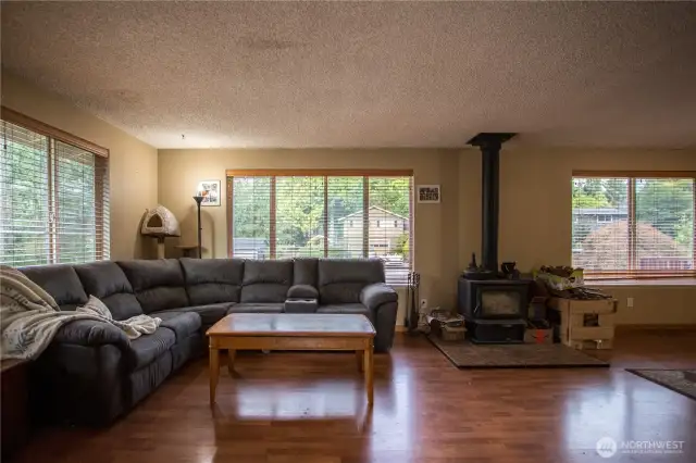 main floor living room with great wood burning stove