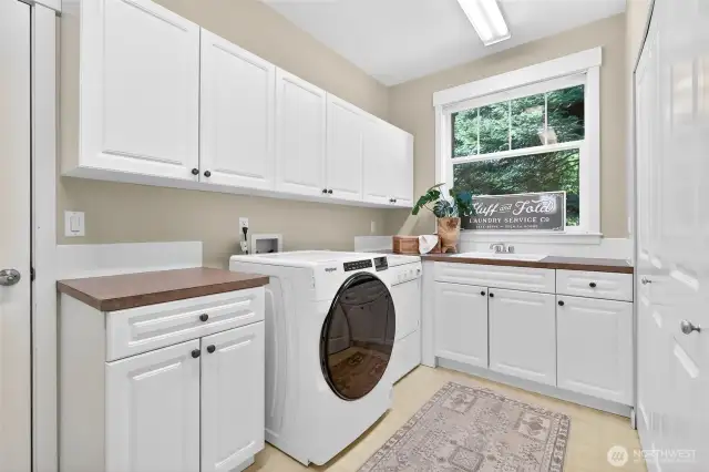 Large laundry room with plenty of storage and utility sink
