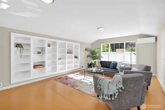 Massive bonus room with built-in bookcases and storage