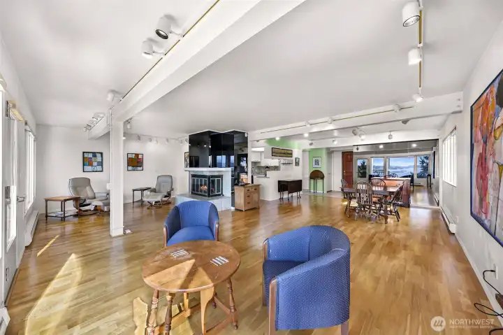 Full view of entire main living space: to kitchen, dining and large living space - so much opportunity for design and personalization!