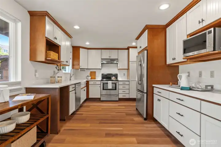 Spacious kitchen with stainless appliances and plenty of counter and storage space.