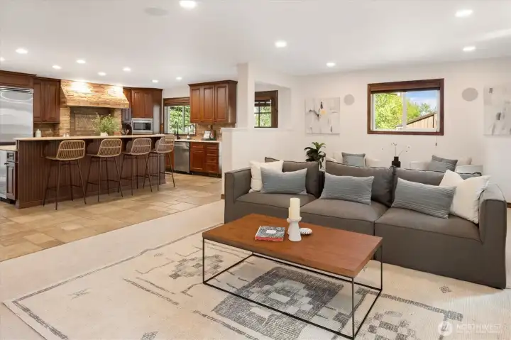 Kitchen is open to massive living room
