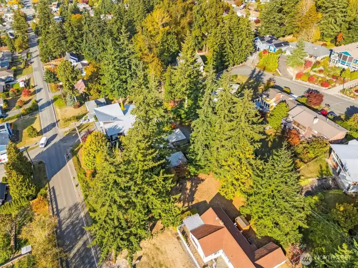 Expansive aerial perspective displaying nearby homes and greenery.