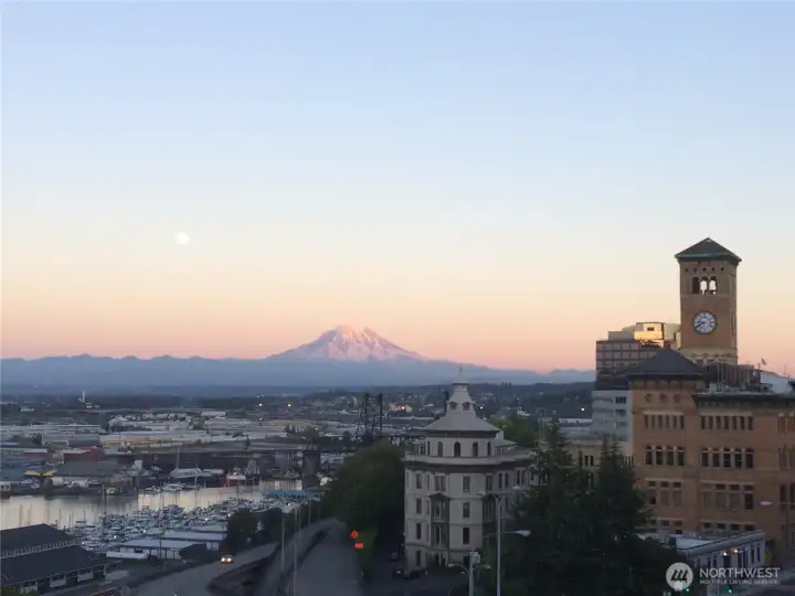 Sunset glowing on Rainier with the moon looking on.