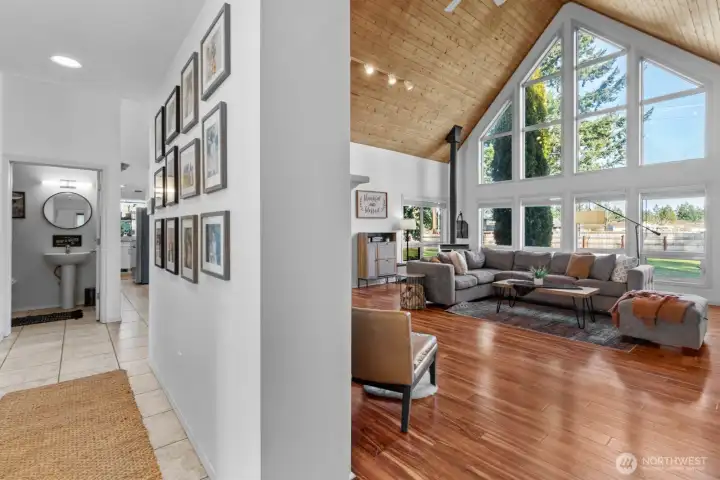 Large wood burning stove can warm the space in no time.