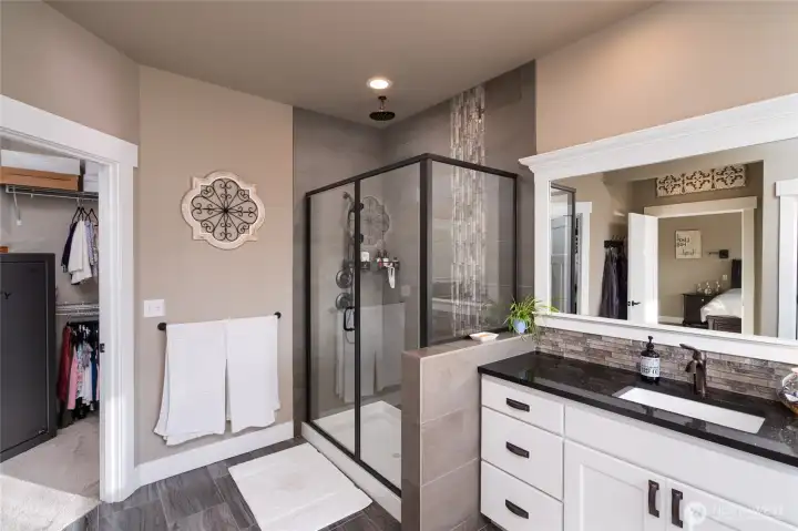 Luxury bathroom with walk-in shower and double vanity