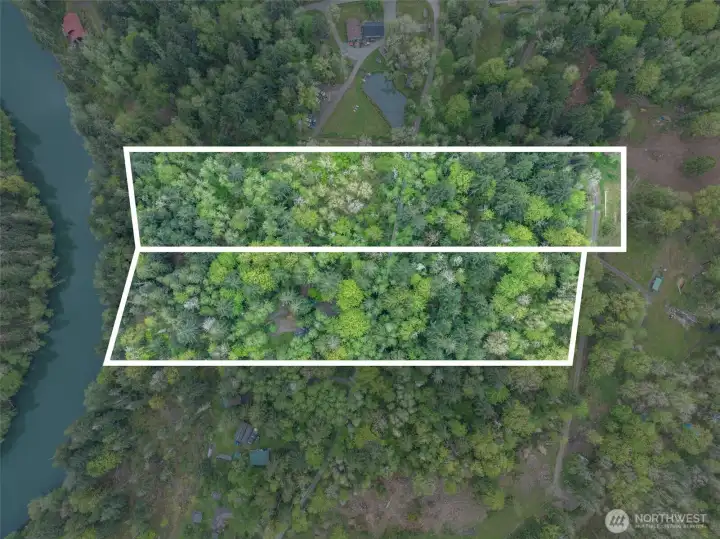 Ariel view of the 2 parcels, boundaries are approximate.