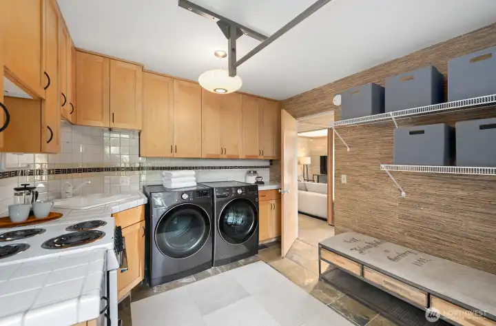 Functional lower-level kitchen and laundry area with ample storage—ideal for guests or multi-generational living