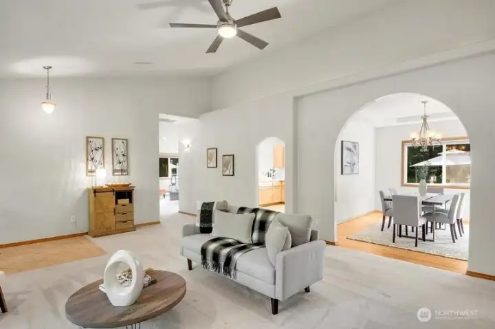 Living room flows to the dining room and kitchen