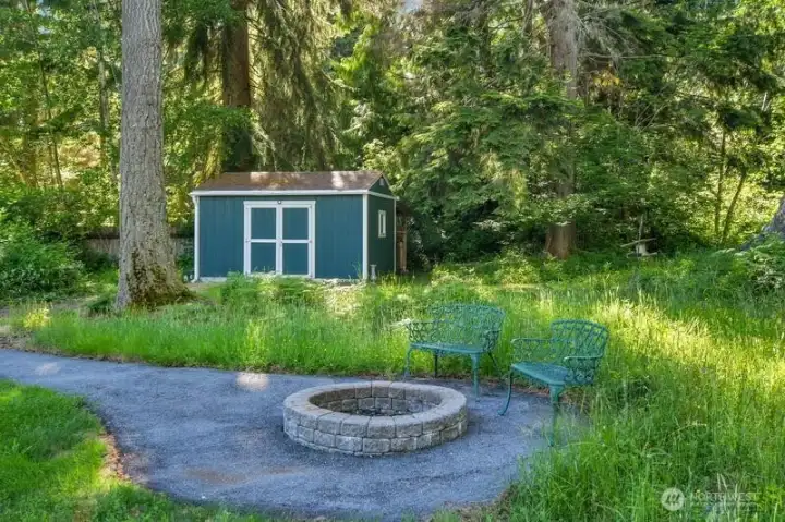 Fire pit and storage shed
