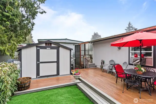 You'll love entertaining in style on the easy to maintain composite deck & artificial turf. NEW Tuff storage shed — ideal for gardening tools, hobbies, or seasonal items.