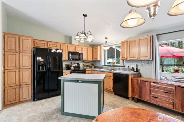 Spacious kitchen with ample cabinetry featuring pull out drawers, sleek black appliances, and a central island.