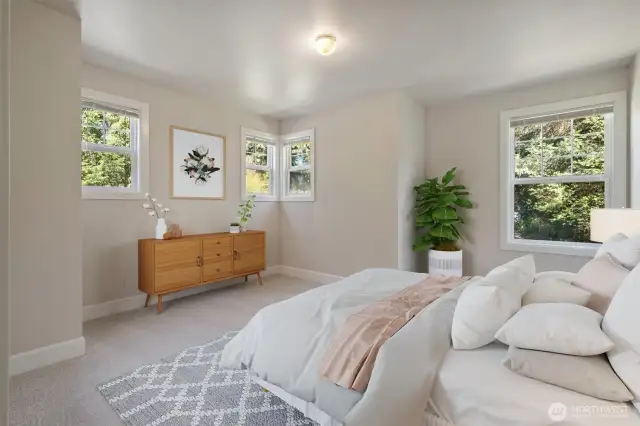One of 3 2nd level bedrooms - fresh carpets through-out.  Virtually staged to show possibilities.