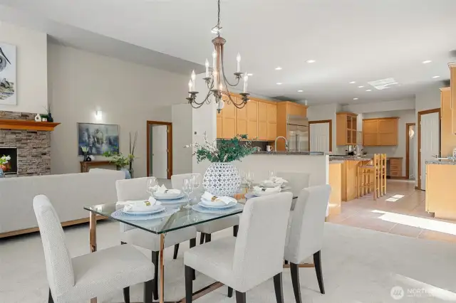 Dining room in Great Room Concept with Living Room, Kitchen & Lake Views from all vantage points