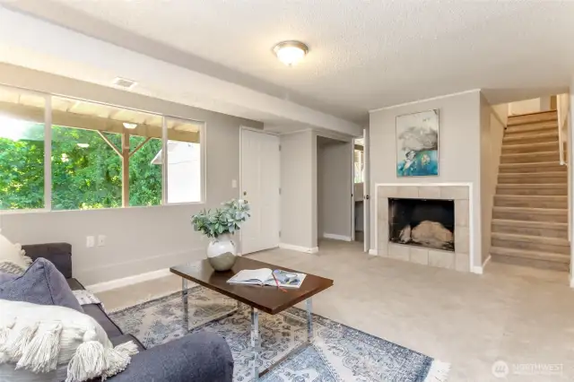 wood burning fireplace, new windows
