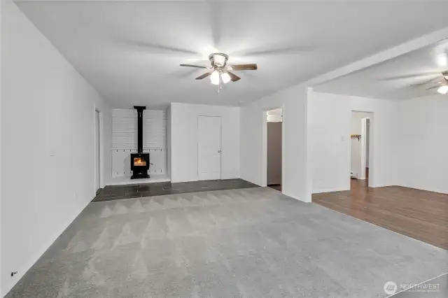 Living room featuring new wood stove