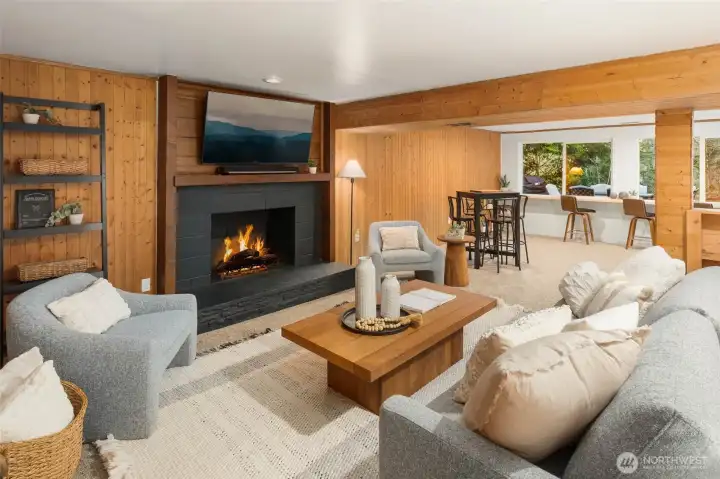 Cozy wood burning fireplace.