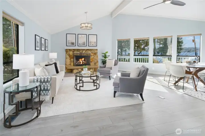 Great room entry with a wall of windows facing Lake Washington