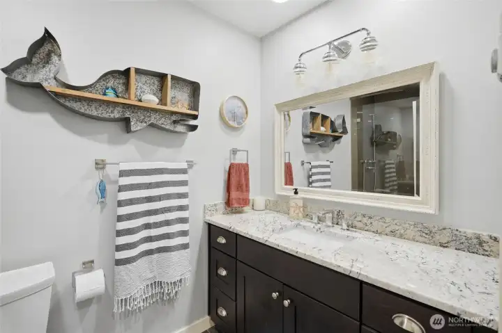 Guest bath with custom tile shower. Guest bath with custom tile shower.