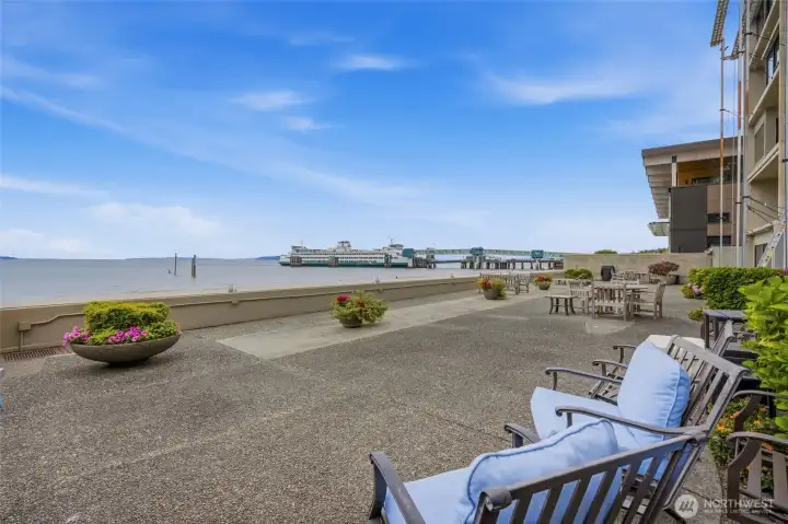 Expansive waterfront patio with front-row views of Puget Sound and the Edmonds–Kingston ferry. Expansive waterfront patio with front-row views of Puget Sound and the Edmonds–Kingston ferry.