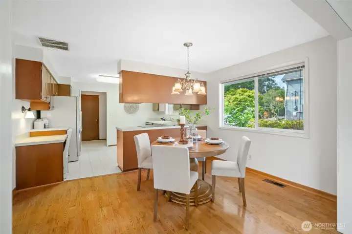 The dining room flows right into the kitchen.