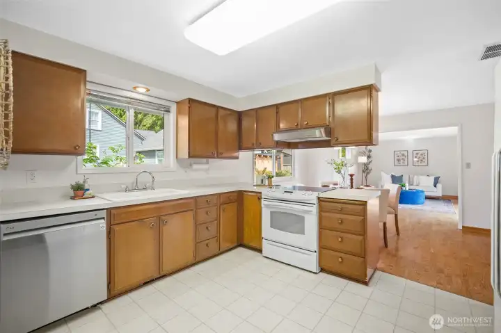 A functional kitchen that opens up into the dining room.