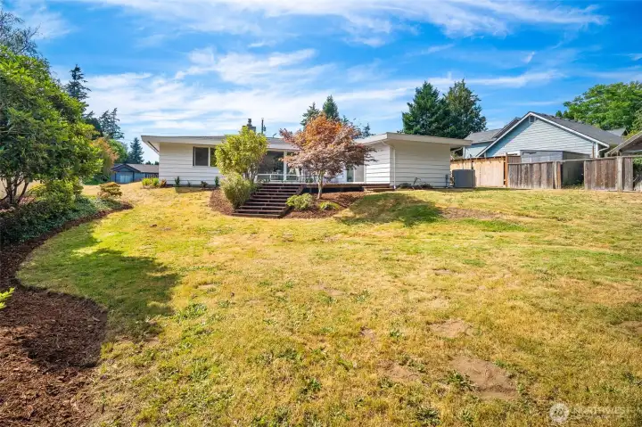 A different angle of the open backyard, framed by mature trees.