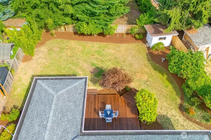 An aerial view of the backyard, where there is abundant wildlife.