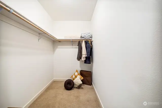 The deep primary suite walk-in closet with high ceilings fit day to day and sports gear.  Just off the master suite and front entry is a second, wide coat closet, too. Plenty of storage for rain or shine outerwear!