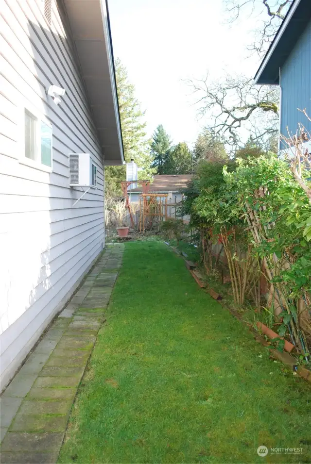 Side yard with grass and shrubs.