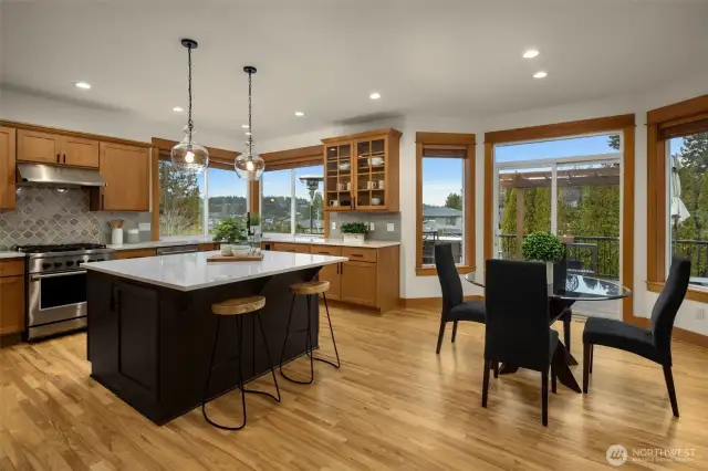 Chef's kitchen with high end appliances, custom wood cabinetry, and quartz counters