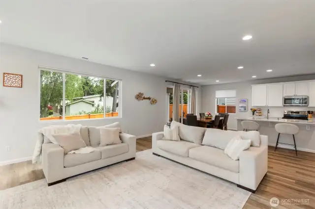 Living Room, open kitchen and dining area.