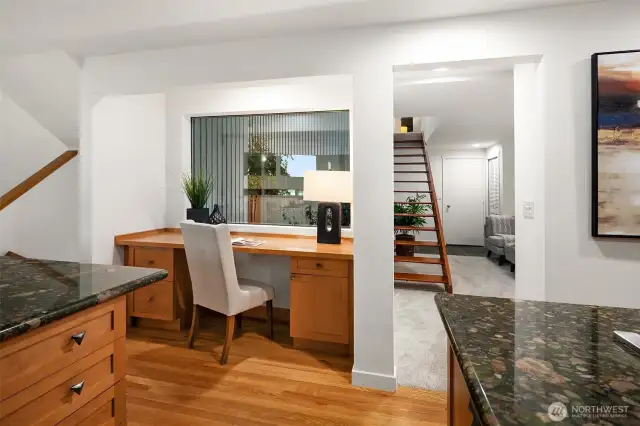 Kitchen desk with view to zen garden