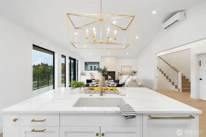 Quartz island looking into sitting area of Great Room.