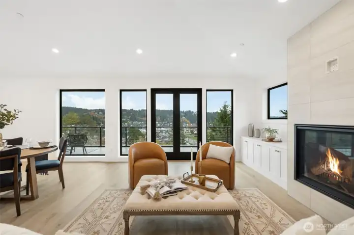 Great room is spacious but has a cozy feel on winter days with fireplace.