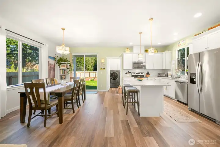 Looking toward the dining and kitchen from the living room.