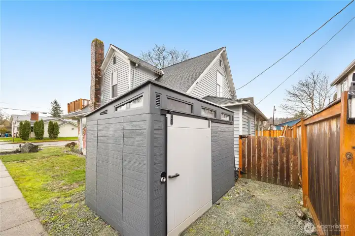 Storage shed for yard tools stays with home.