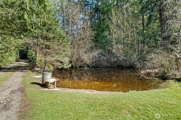 Pond on the left when you come into the driveway, watch all the wild life!