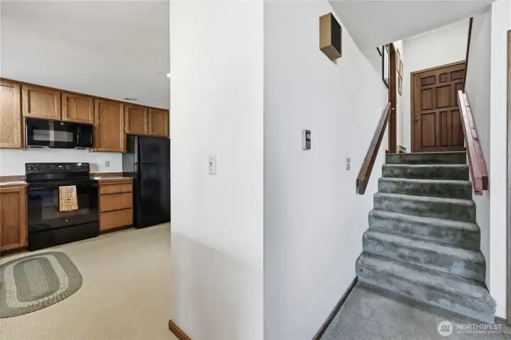 Stairs from the entry level down to the living area.