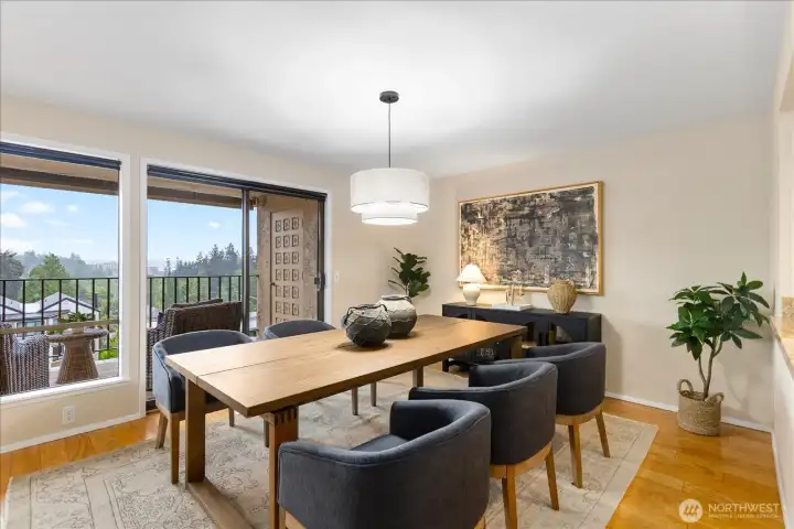 Formal dining space has room for full size dining table and chairs . . .